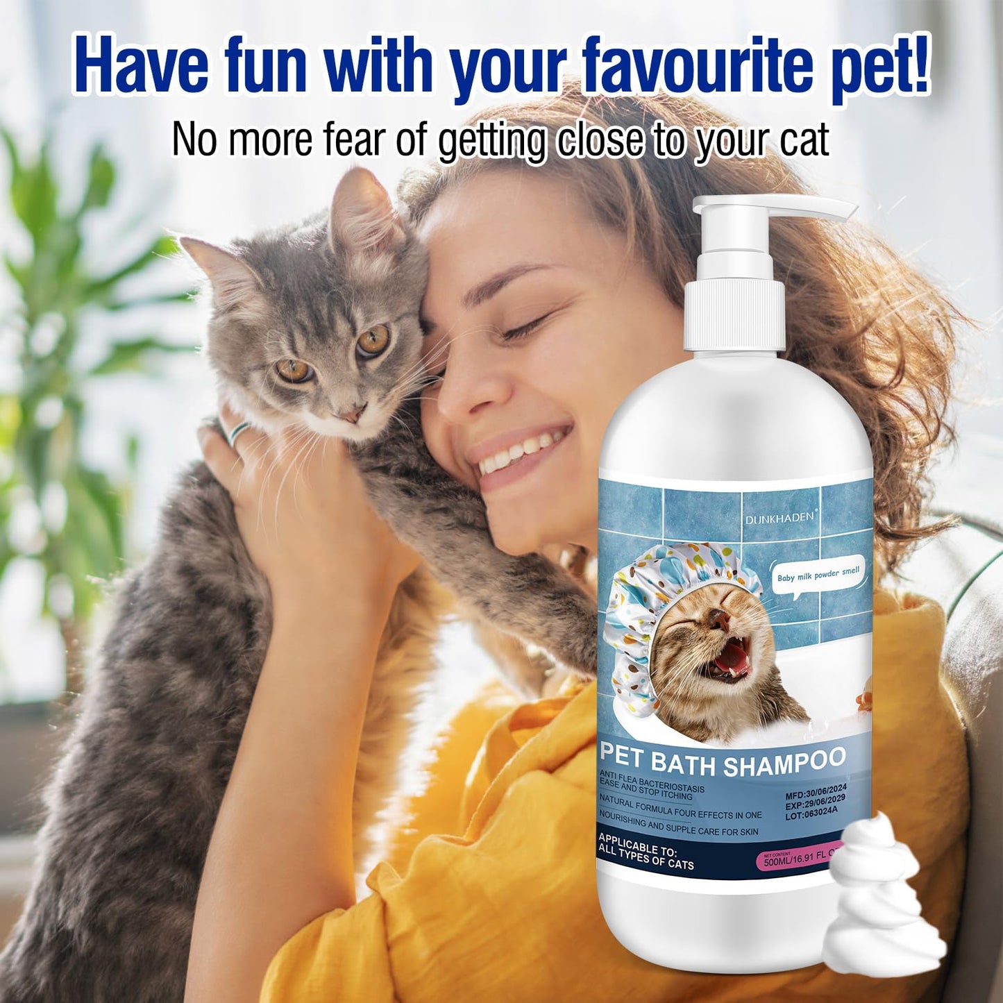 500ml 16.9 Fl Oz Cat Shampoo for Cats and Kittens Gentle Care for Itchy and Sensitive Skin Long-Lasting Aromatic Shower Gel Purely Botanical Formula Pet Shampoo