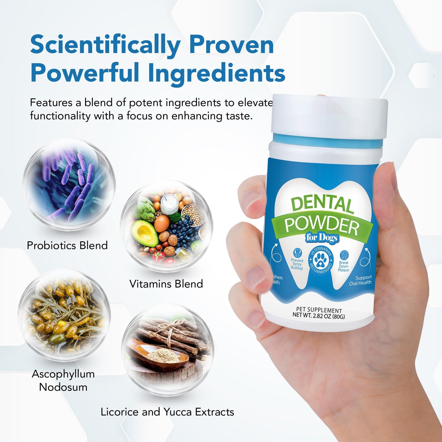 Spanielbuns Dental Powder for Dogs - Plaque Control & Tartar Remover, Breath Freshener with Probiotics, Vitamins & Natural Extracts - Perio Support Powder for Dogs, 2.82 oz (80g)