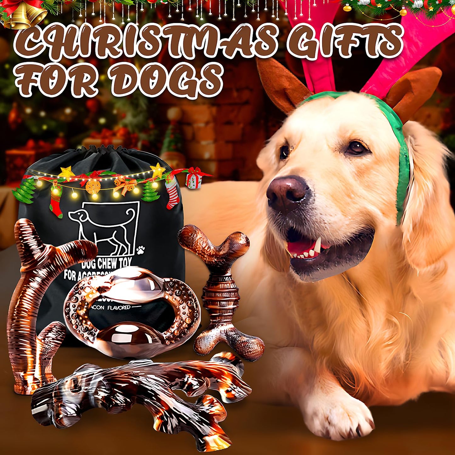 OSORD Dog Chew Toys for Aggressive Chewers 4 Pack, Indestructible Dog Toys, Bacon Flavor, Tough Nylon Bones to Keep Them Busy, Medium & Large Breed, Gifts for Dogs