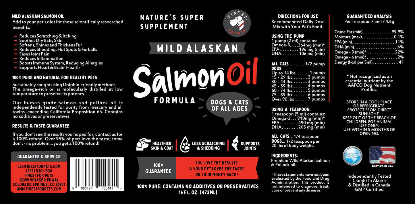 Finest For Pets Wild Alaskan Salmon Oil for Dogs & Cats - Omega 3 Fish Oil with Pollock & Salmon for Sensitive Skin & Coat Health. EPA & DHA Ease Itching, Supports Joint, Immune & Heart Health (16oz)