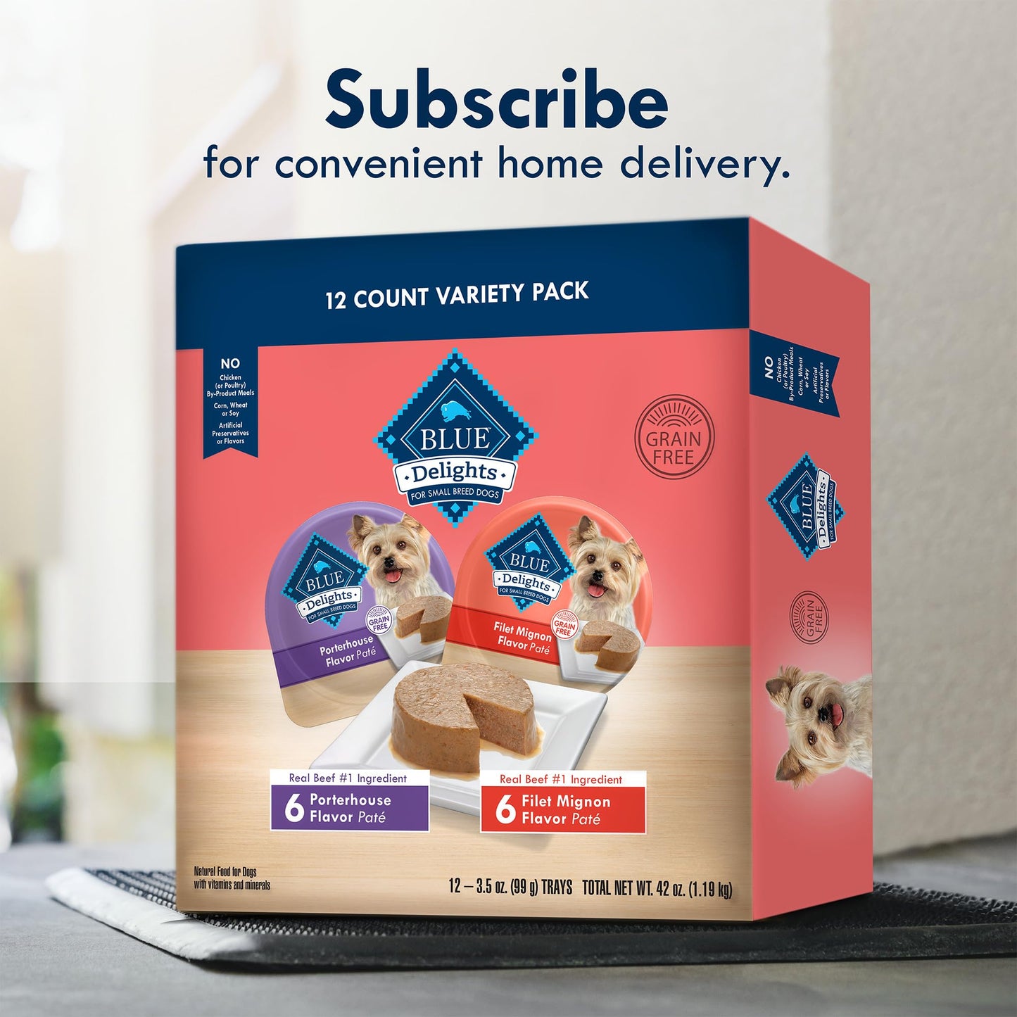 Blue Buffalo Delights Natural Adult Small Breed Wet Dog Food Variety Pack, Made with Natural Ingredients, Filet Mignon Flavor Paté & Porterhouse Flavor Paté, 3.5-oz. Cups (12 Count, 6 of Each)