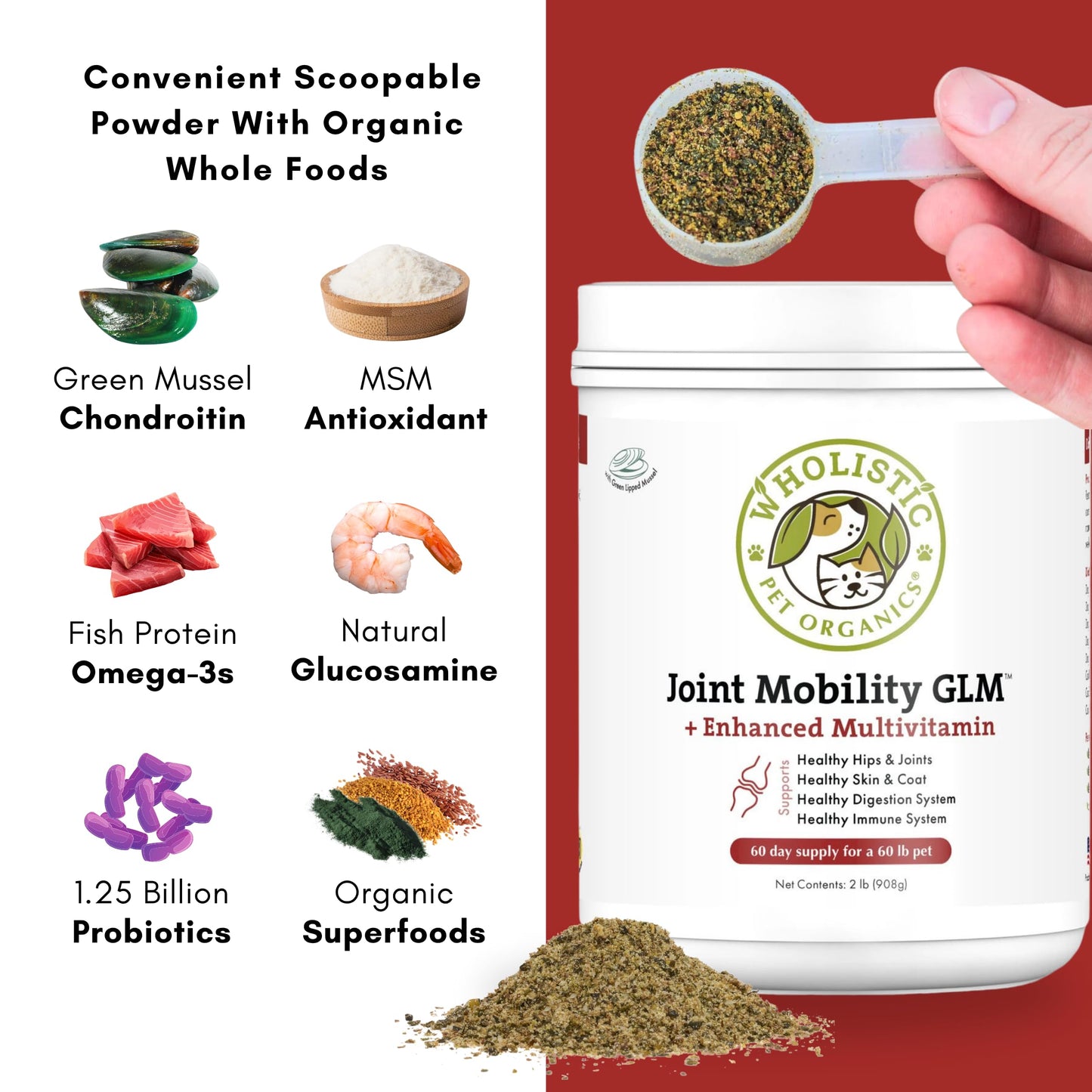 Wholistic Pet Organics Joint Supplement: Joint Mobility with Green Lipped Mussel Daily Joint Health Supplements for Dogs - Dog Glucosamine Powder with MSM, Probiotics, Vitamins, Minerals - 4 Lb