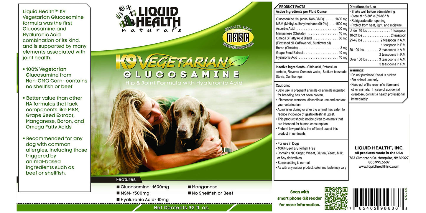 LIQUIDHEALTH 32 Oz K9 Liquid Glucosamine and Vegetarian for Dogs, Puppies and Senior Canines - Chondroitin, MSM, Hyaluronic Acid – Joint Health, Dog Vitamins Hip Joint Juice, Joint Oil