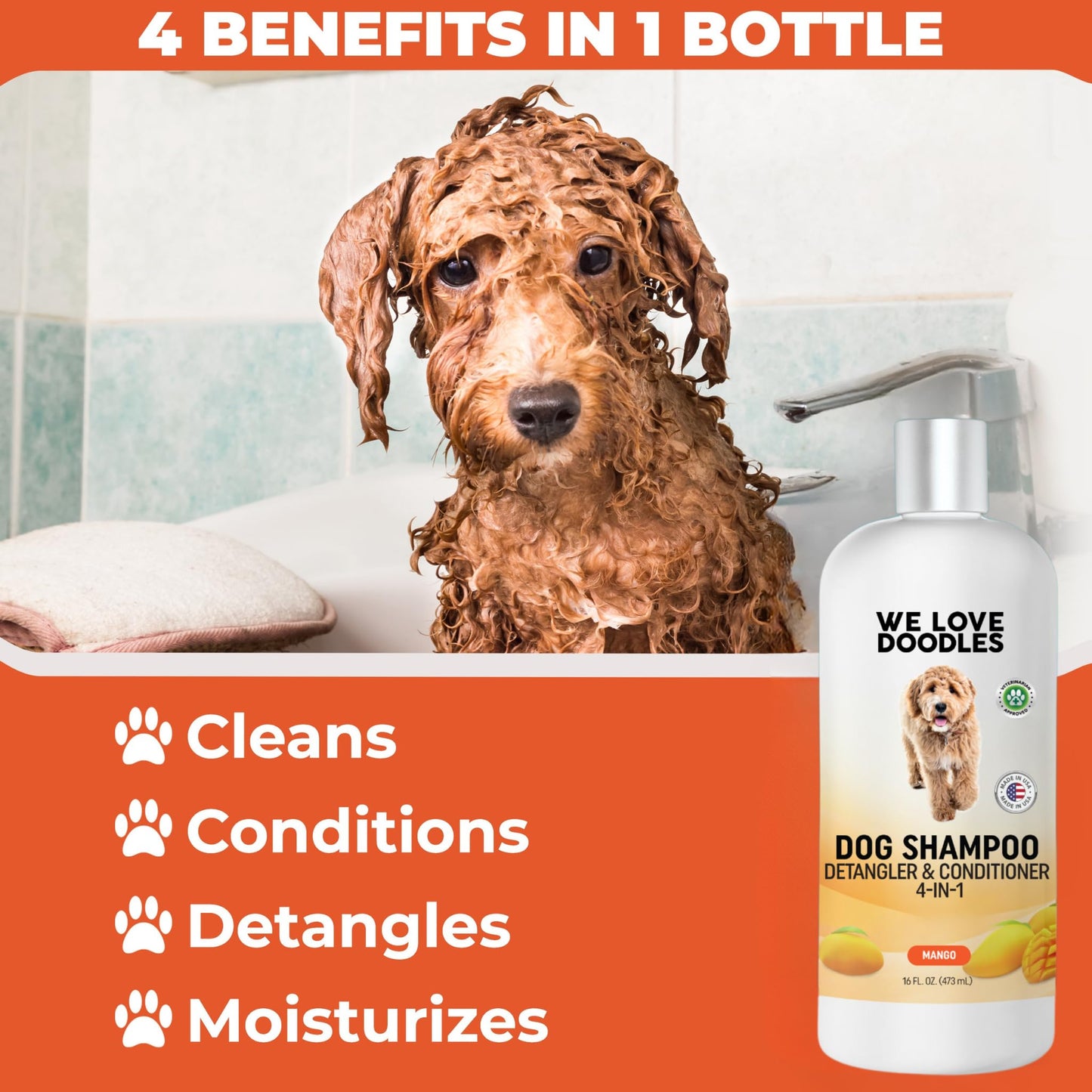 We Love Doodles Dog Shampoo (Mango) and Pin Dog Brush (Bundle) - Pet Shampoo for Matted Hair - Sensitive Skin Shampoo for Puppies - Pin Dog Brush for Shedding & Removing Loose Fur - Made in The USA