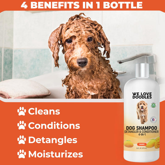 We Love Doodles Dog Shampoo, Conditioner, & Detangler - Shampoo for Dogs, Goldendoodles, Poodles & Doodles, for Matted Pet Hair & Sensitive Skin, Made in The USA, Mango, 16 oz