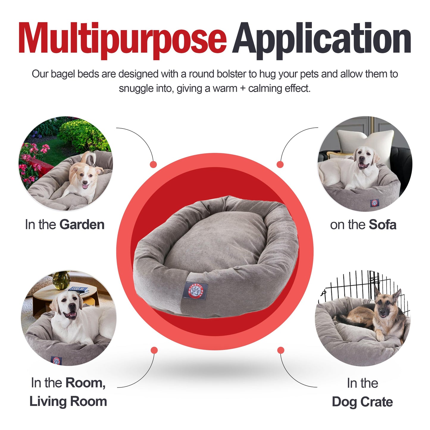 Majestic Pet 40 Inch Micro Velvet Calming Dog Bed Washable – Cozy Soft Round Dog Bed with Spine for Head Support - Fluffy Donut Dog Bed 40x29x9 (inch) – Round Pet Bed Large - Vintage