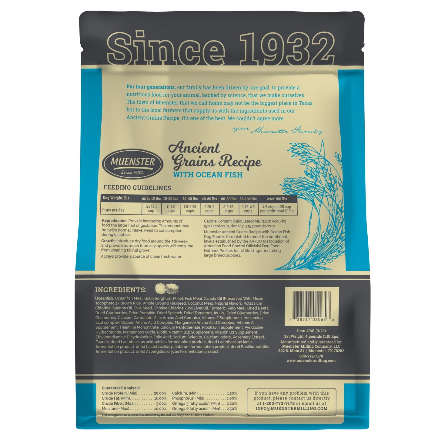 Muenster Ancient Grains Ocean Fish Dry Dog Food, 4lb - Gluten-Free, High Protein, Digestive Support