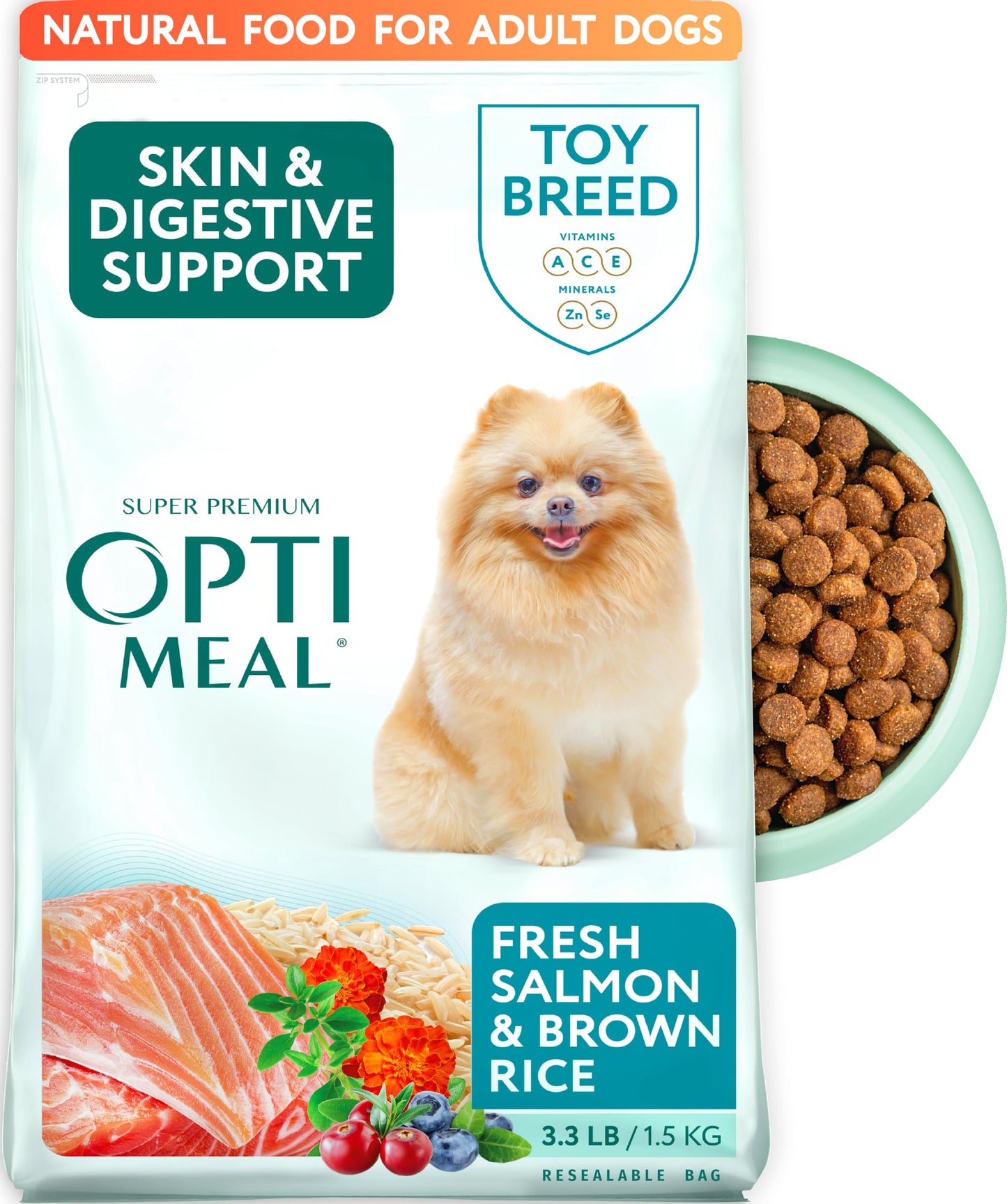 Optimeal Toy Breed Dry Dog Food – Small Kibble for Small Dogs, High Protein, Natural Ingredients, Skin & Digestive Support, Premium European Nutrition – Salmon & Brown Rice, 3.3 lbs