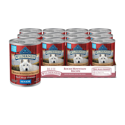 Blue Buffalo Wilderness Rocky Mountain Recipe Senior Wet Dog Food, High-Protein & Grain-Free, Made with Natural Ingredients, Red Meat Recipe, 12.5-oz. Cans (12 Count)
