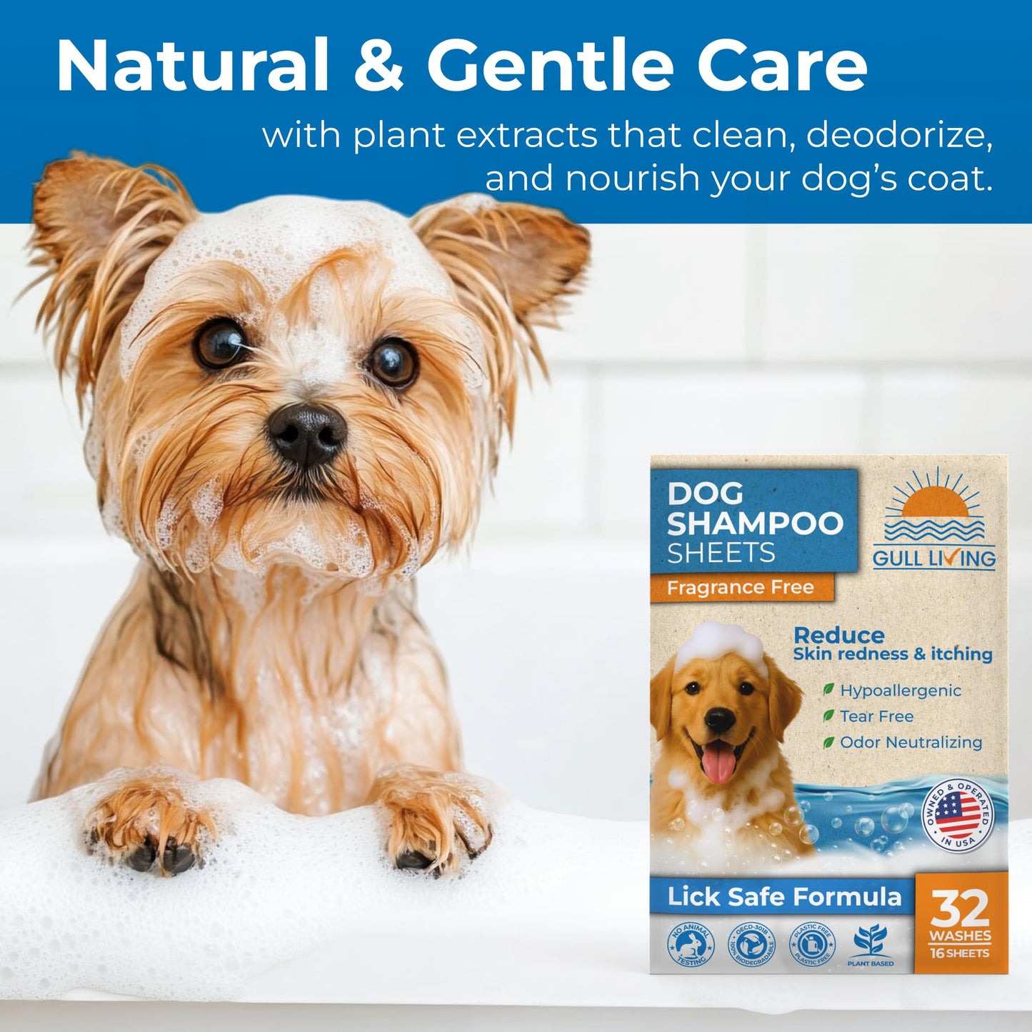 Dog Shampoo Sheets - Water Activated Hypoallergenic Shampoo Sheets for Dogs & Puppies - Lick-Safe, Gentle Hypoallergenic Plant-Based Formula - Portable & Tear-Free Travel-Friendly, Easy to Use
