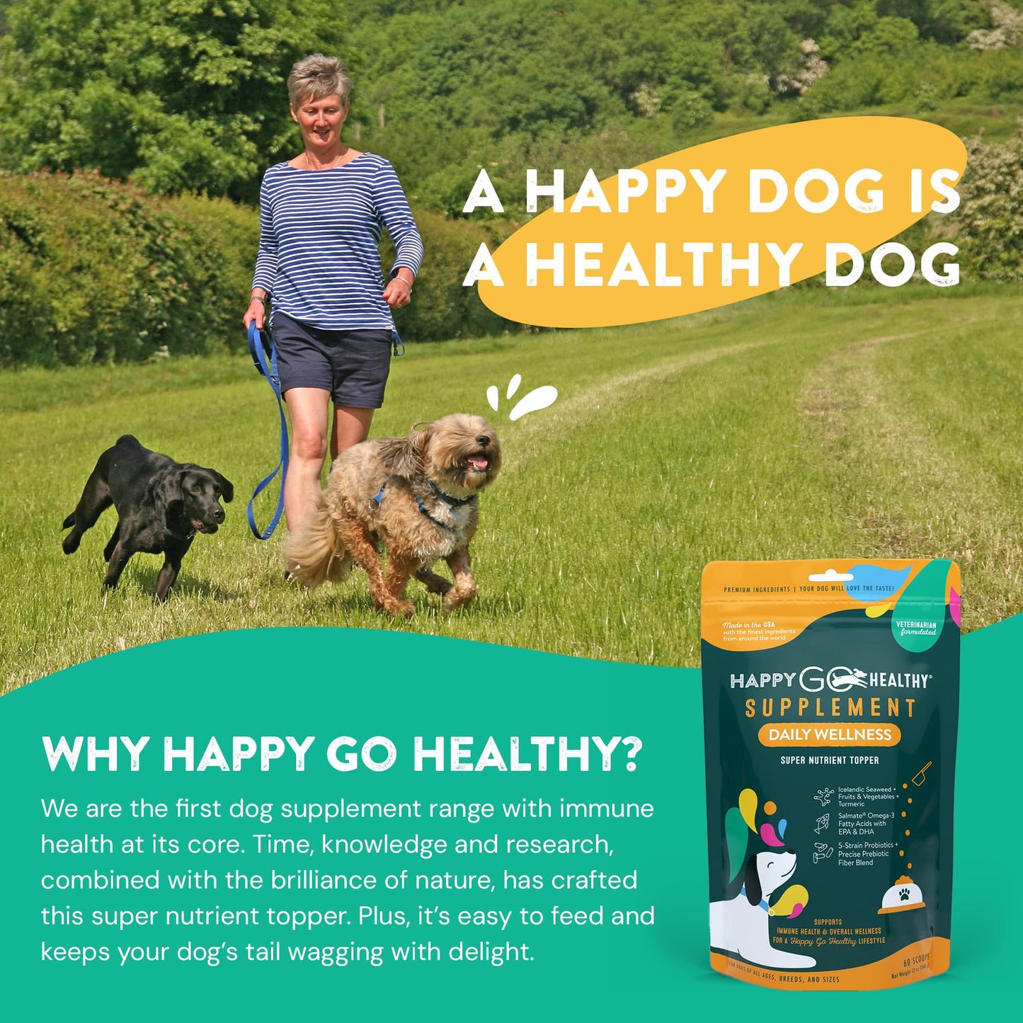Happy Go Healthy Daily Wellness Supplements for Dogs | Probiotic & Prebiotic Benefits with Fish Oil & Seaweed to Keep Your Dog Beaming All Day Long | All Breeds and Sizes | 60 Count