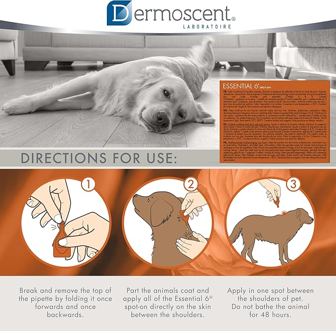 Dermoscent Essential 6 spot-on - Dog Skin Care for Dandruff & Allergy Relief with Vitamin E Oil - Anti Itch for Dogs - Natural Ingredients for Sensitive Skin - Dogs 20-40 kg - 4 Pipettes of 2.4 ml