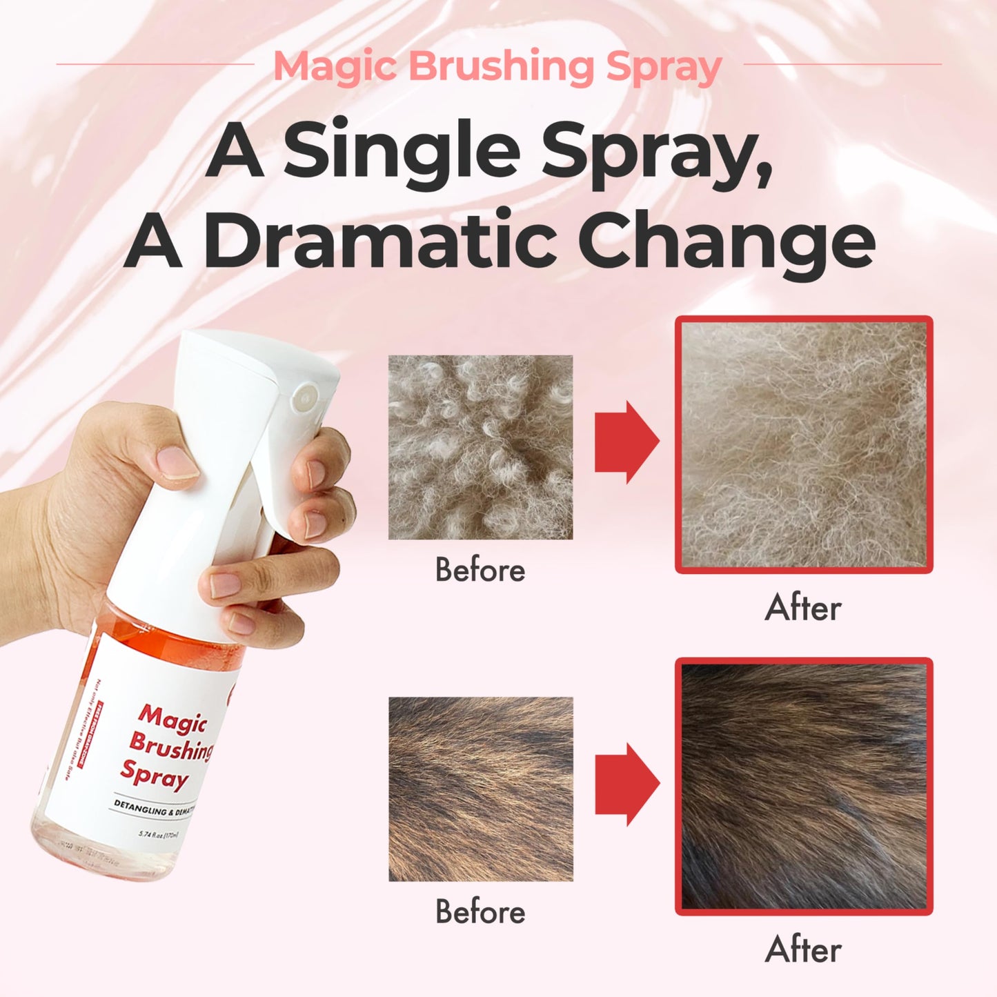 JAYU PET Magic Brushing Spray - Fur Detangler & Dematting Solution, Hypoallergenic Deodorizer, Conditioner & Itch Relief, Shining & Grooming Spray for Dogs (5.8fl oz, 170ml)