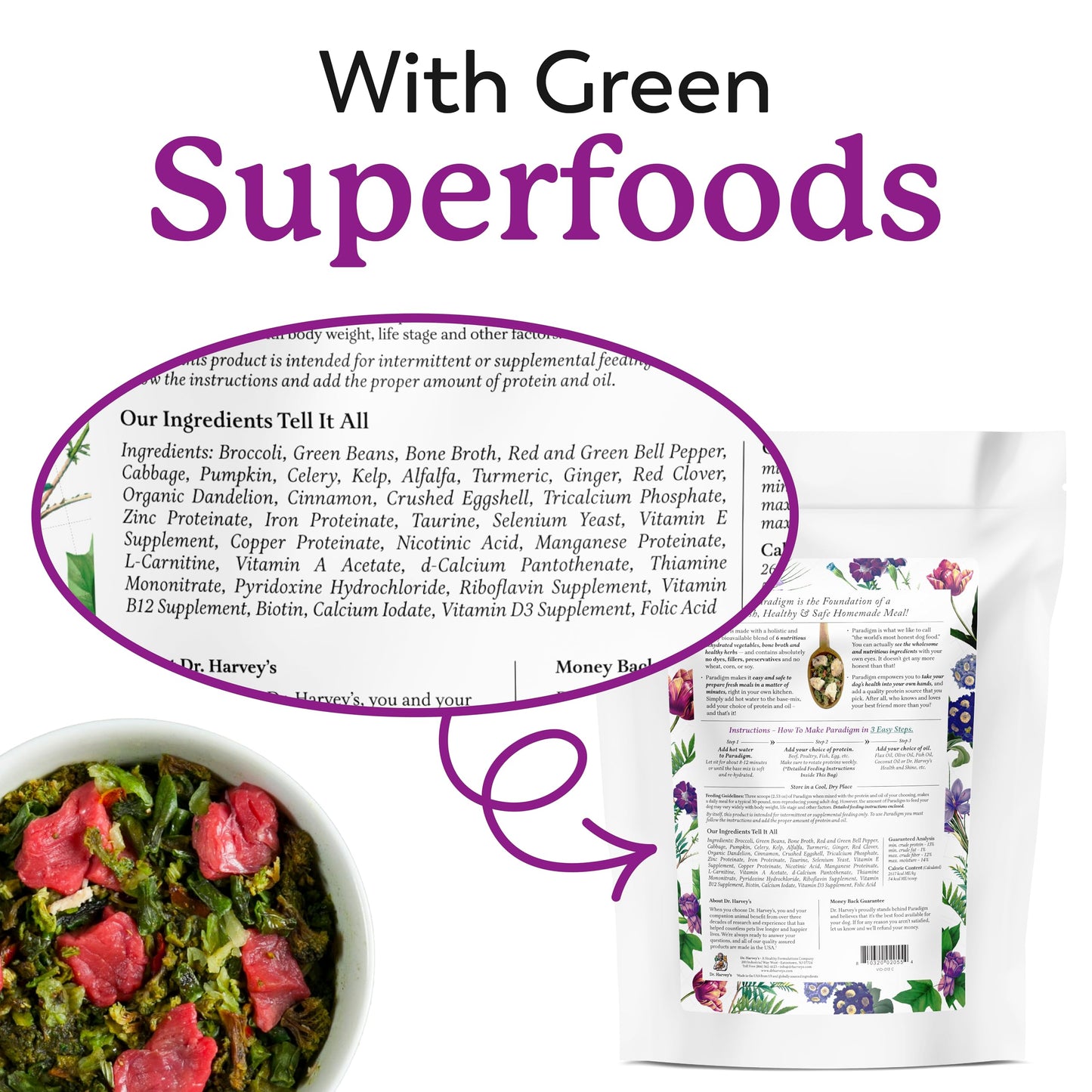 Dr. Harvey's Paradigm Green Superfood Dog Food, Human Grade Dehydrated Grain Free Base Mix for Dogs, Diabetic Low Carb Ketogenic Diet (6 Pounds)