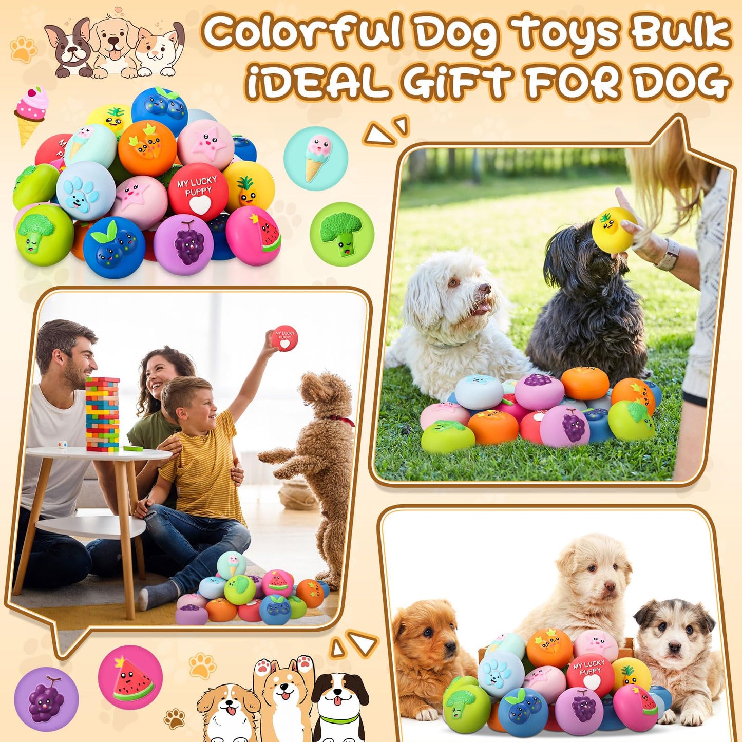 Hungdao 40 Pcs Bulk Dog Squeaky Toys Soft Rubber Latex Dog Toys Small Squeaky Balls Interactive Fetch Balls for Teething Small Pet Breeds Training(Cute Fruit)