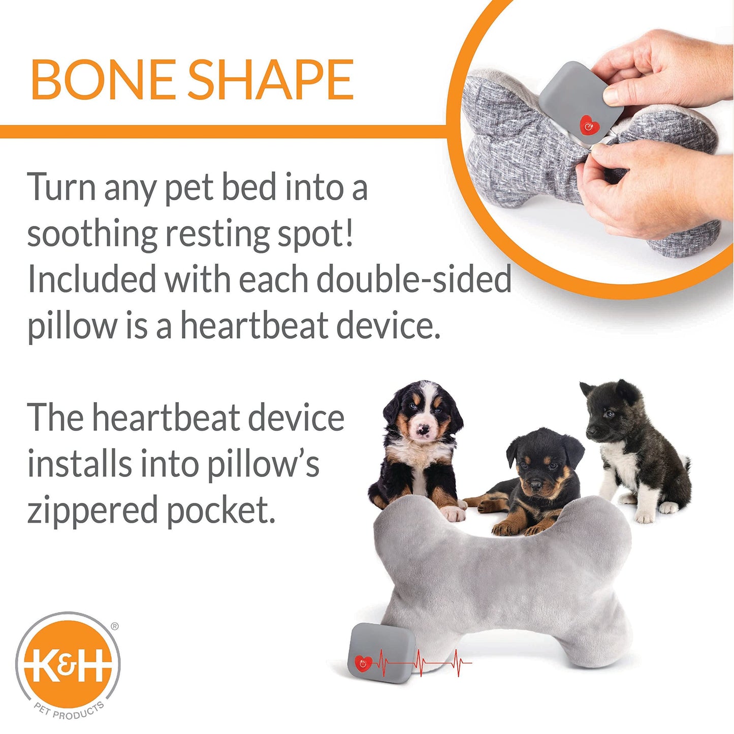 K&H Pet Products Mother's Heartbeat Calming Dog Toy Bone Pillow Gray Large Breed Heartbeat 13 Inch