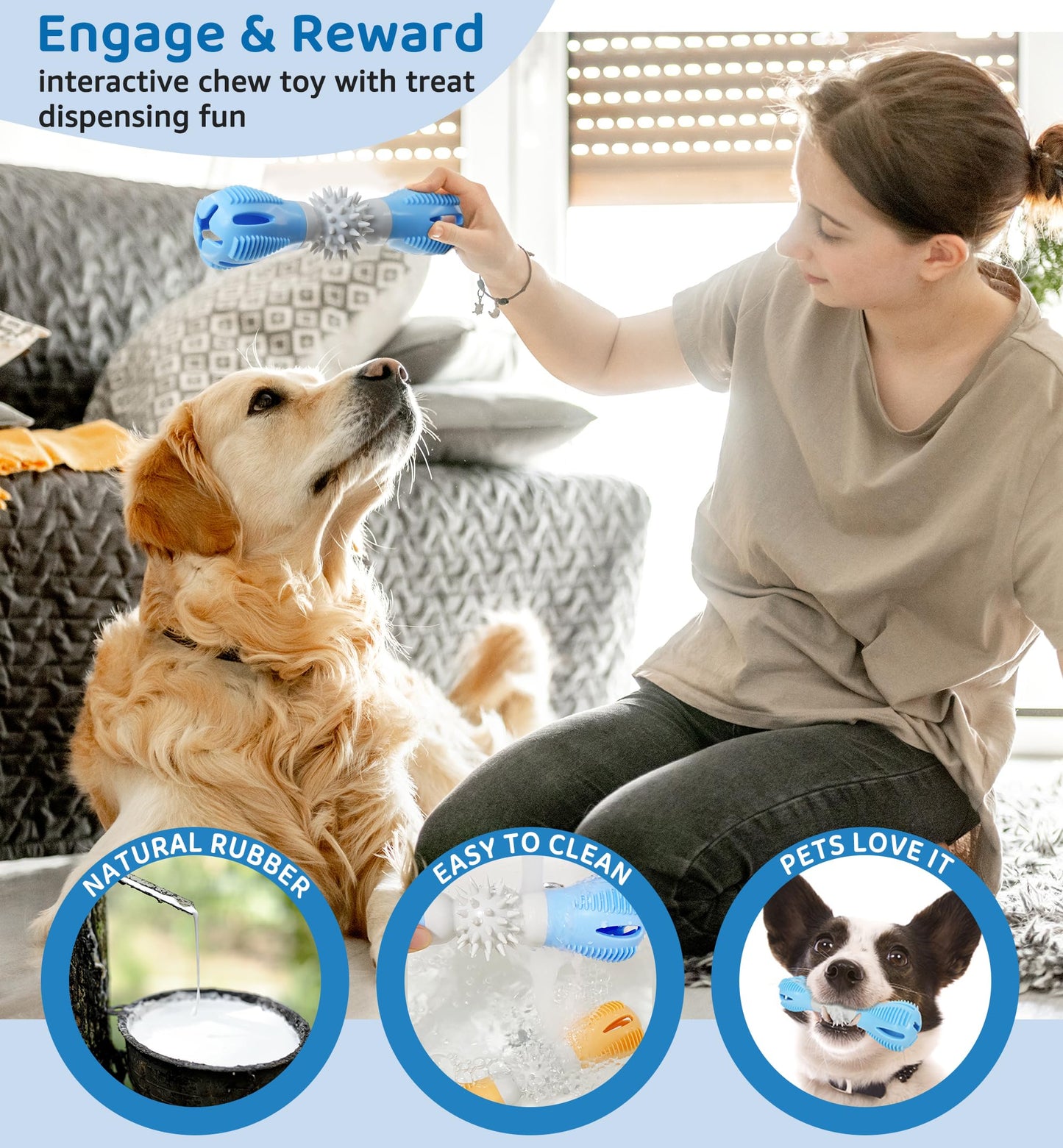 IPTPAS Durable Dog Chew Toy, Natural Rubber Treat Dispensing Puzzle Toy for Small & Medium Breeds – Interactive Teething, Training, and Dental Care Toy to Keep Dogs Engaged & Relieve Boredom (Blue)