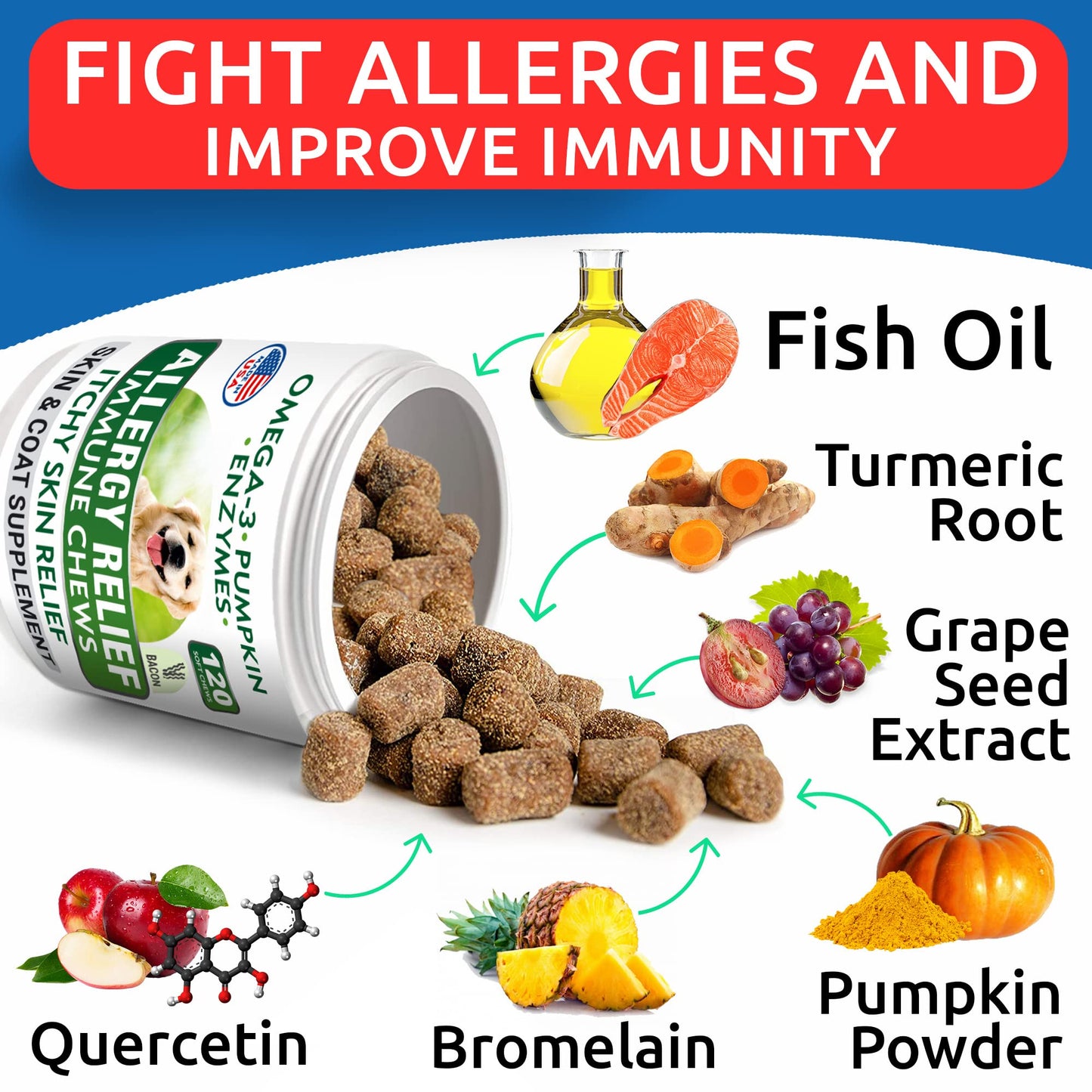 Omega 3 Alaskan Salmon Oil Treats for Dogs 120 Fish Oil Chew and Calming Hemp Treats for Dogs Made in USA with Organic Hemp 120 Chews