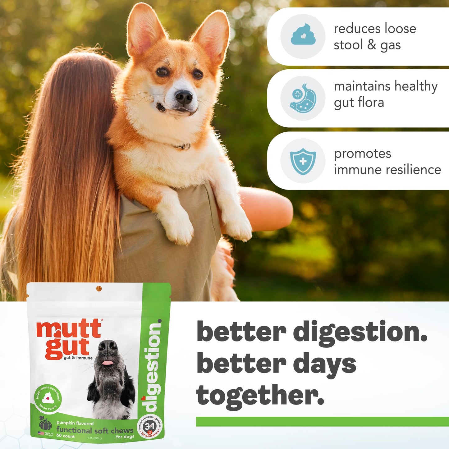 MuttGut® 3-in-1 Puppy & Dog Probiotics + Prebiotics + Postbiotics Chews - Promotes Digestive Health, Supports Immune System and Overall Health - Dog Diarrhea Relief & Immune Support - 60 Soft Chews