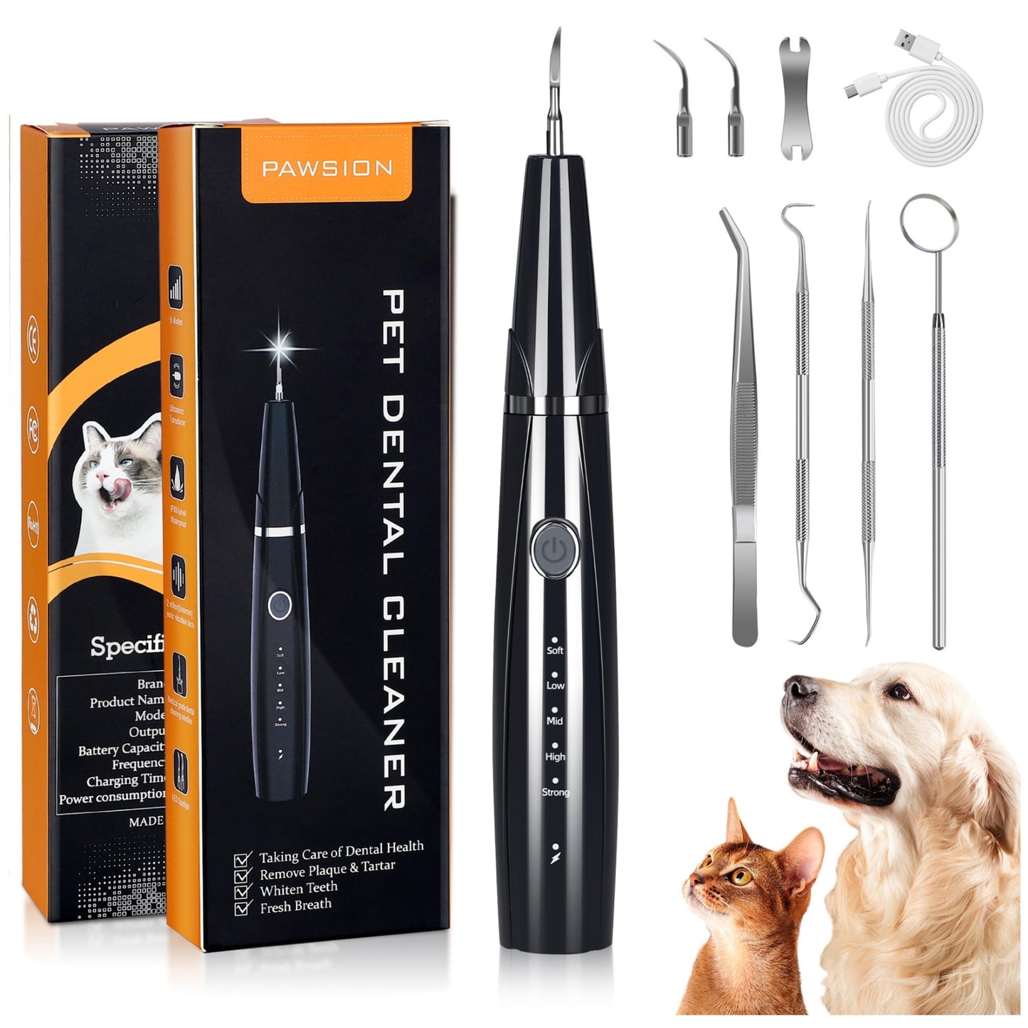 PAWSION Ultrasonic Dog Plaque and Tartar Remover, Teeth Cleaning Kit for Pets, Rechargeable Dental Scraper for Pets, 5 Modes with 3 Cleaning Heads and LED Light