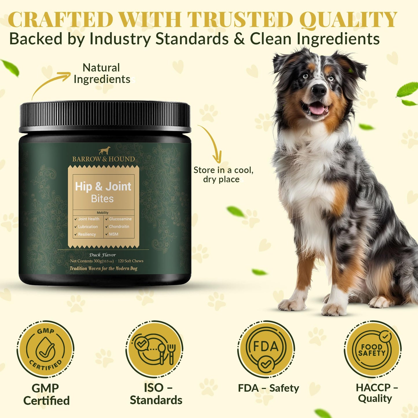 Barrow & Hound - Hip & Joint Chews for Dogs – 120 Soft Chews with Glucosamine, MSM & Chondroitin – Joint Mobility & Cartilage Support – Duck Flavor