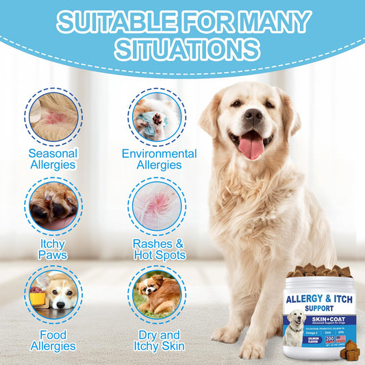 Dog Allergy Chews 200ct, Dog Allergy Skin Relief Chews for Dry Skin, Itchy Skin Relief Supplement for Paw Licking & Anti-Itch for Dogs with Colostrum, Salmon Oil, Probiotics to Boost the Immune System