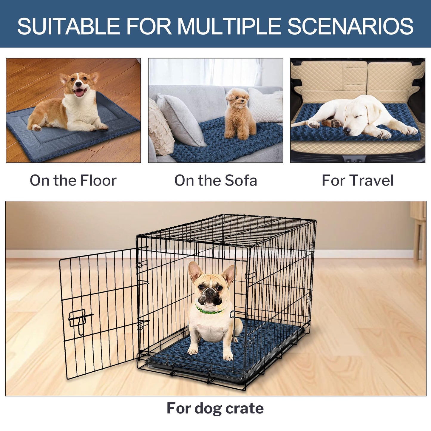 WITTOP Washable Dog Bed Plush Orthopedic Outdoor Crate Mat with Non-Slip Bottom,Luxe Soft Kennel Pad for Pets, Cozy Cage Cushion & Pet Sleeping Mattress Large Sized,Medium,Small Dogs,30 x 20 inch,Blue