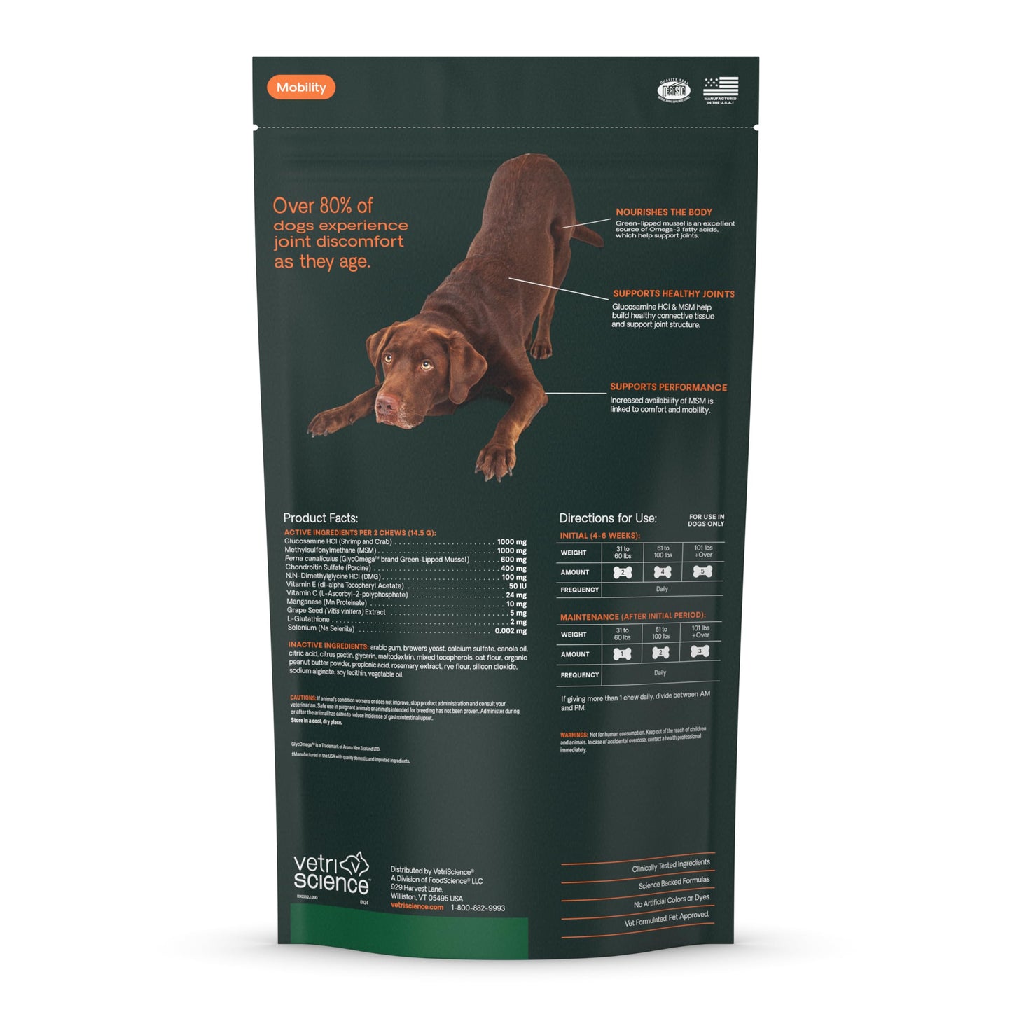 VetriScience Ultimate Strength Healthy Hip & Joint Chews, GlycoFlex Glucosamine, Chondroitin and Green-Lipped Mussel Joint Support Supplement for Dogs, Soothe Discomfort, Peanut Butter, 60 Chews