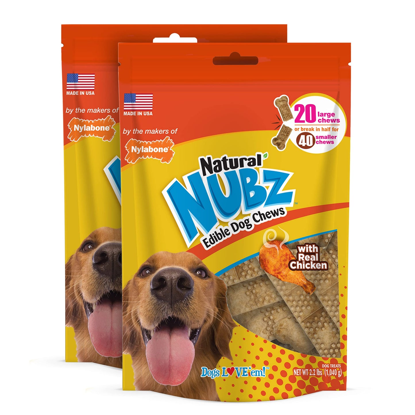 Nylabone Nubz Natural Edible Chew Treats for Dogs, Made in USA, Chicken Flavor, Large - Up to 50 lbs. (40 Count)