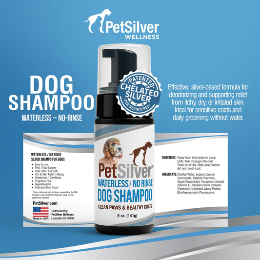 PetSilver Waterless Dog Shampoo - No Rinse Bath & Dry Shampoo for Dogs - Odor Control for Smelly Coats - Cleans, Conditions & Moisturizes - Hypoallergenic & Fragrance-Free - Patented Silver - 5 fl oz