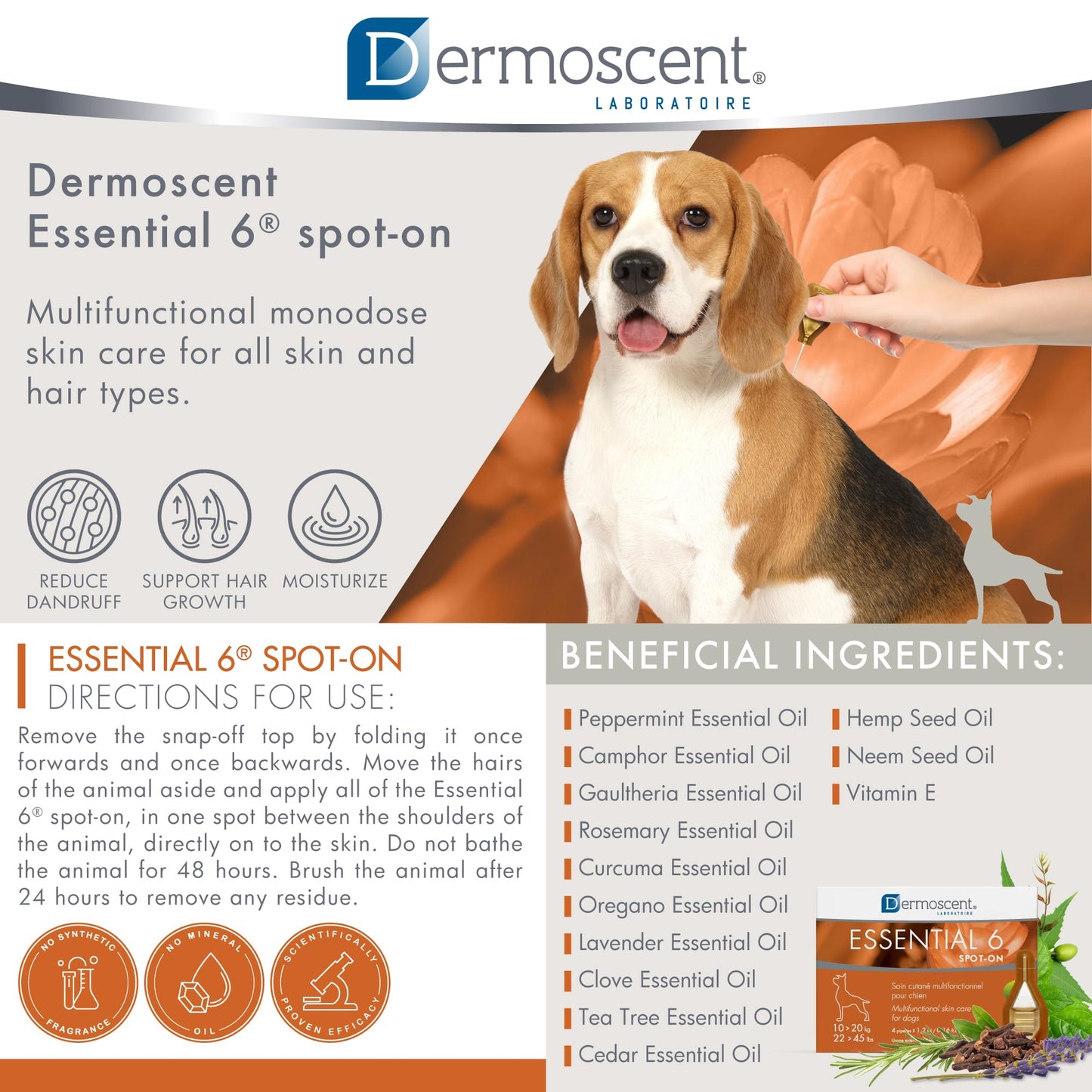 Dermoscent Essential 6 spot-on - Dog Skin Care for Dandruff & Allergy Relief with Vitamin E Oil - Anti Itch for Dogs - Natural Ingredients for Sensitive Skin - Dogs 10-20 kg - 4 Pipettes of 1.2 ml