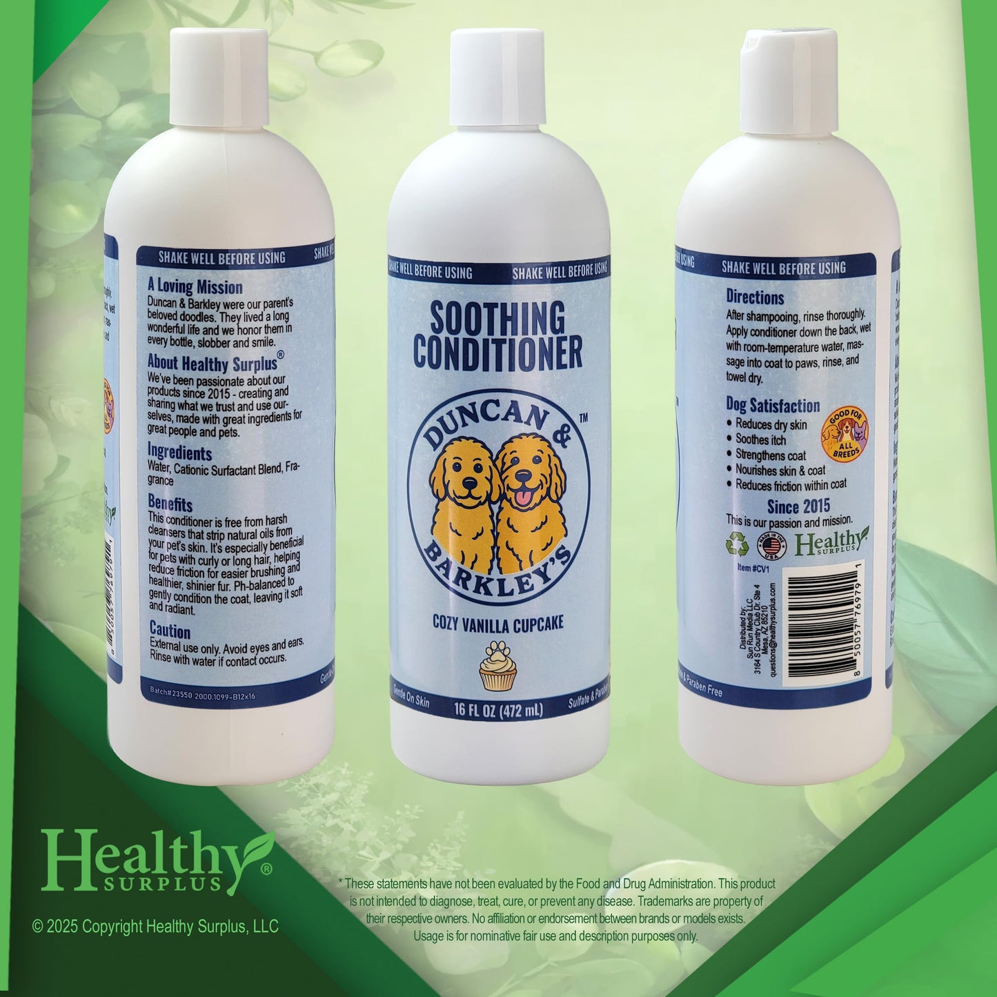 Duncan & Barkley’s Oatmeal & Aloe Dog Shampoo and Conditioner 16 Oz Bottles - Cozy Vanilla Cupcake Scent, Gentle Pet Wash for Sensitive Skin and Vital Volumes Tips Card - Bundle