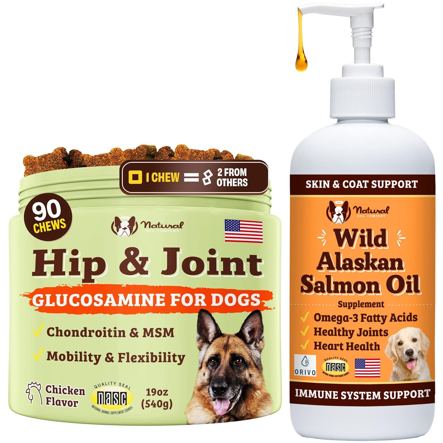 Natural Dog Company Healthy Joints Bundle, Includes (1) Wild Alaskan Salmon Oil - 16 oz., (1) Hip and Joint Chews Supplement - 90 pcs, Vitamins for Dogs, Fish Oil for Dogs