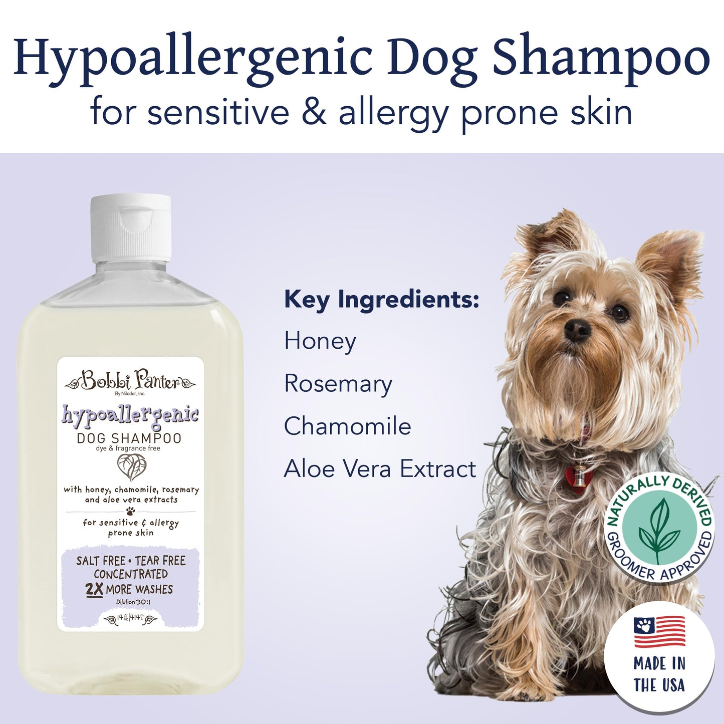 Bobbi Panter Hypoallergenic Dog Shampoo 14 Oz., Dye & Fragrance-Free, Paraben-Free, pH Balanced, Tear-Free, Aloe Vera & Honey Extract, Made in USA, Concentrated 30:1, Made in The USA