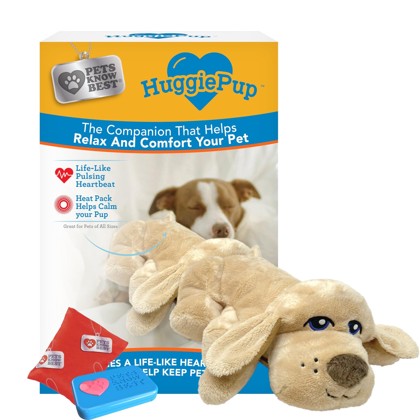HuggiePup by Pets | Comfort Companion with Heartbeat Sleep Aide for Dogs & Puppies, Heating for Calming Relief Day or Night, Crate & Behavioral Training Essential Breeds | Golden
