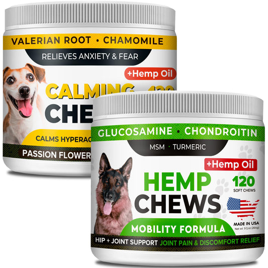 Hemp Calming + Hemp Glucosamine Chews for Dogs Bundle - Anxiety + Joint Pain Relief - Hemp Oil + Omega 3, Chondroitin, MSM - Dog Training & Behavior Aid + Hip & Joint Care - 240 Chews - US Made