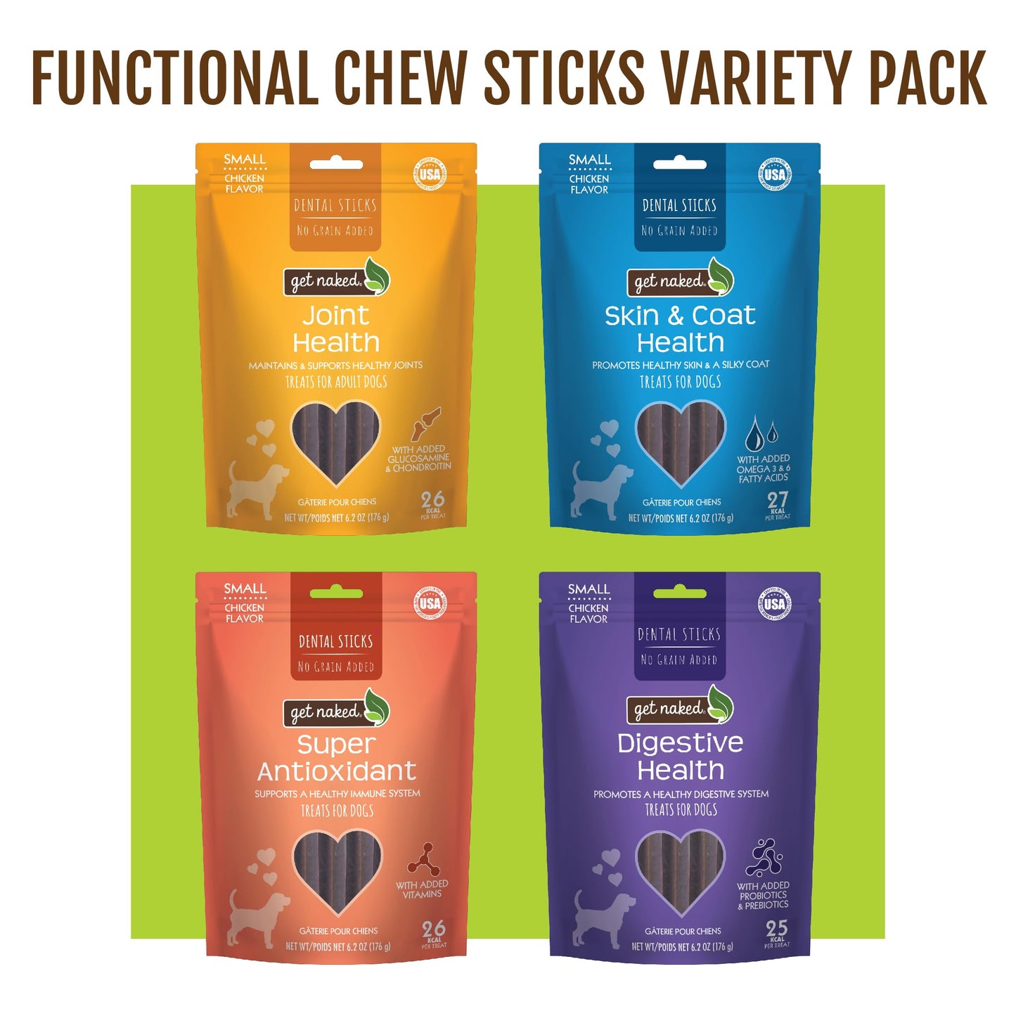 Get Naked Dental Sticks Grain-Free Chicken Flavor Dog Treats Variety Pack, Digestive Health + Skin & Coat + Joint Health + Super Antioxidant, Total 4 Bags, 24.8-oz, 64 Sticks