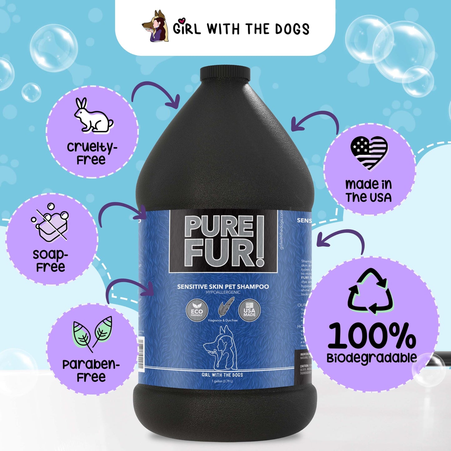 Girl With the Dogs Pure Fur! Sensitive Skin Pet Grooming Bundle - Made in USA - Dog Shampoo & Conditioner (1 Gal Each) + Sprayer Nozzle