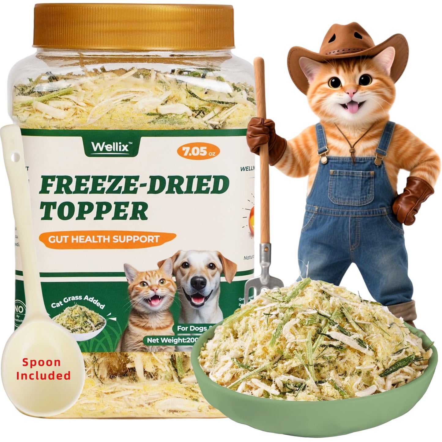 Wellix Dog & Cat Food Topper - Cat Grass Treats Freeze Dried Egg Yolk&Chicken Flavor Low Calorie - Hairball Control and Gut Health Cat Treats for Indoor Cats