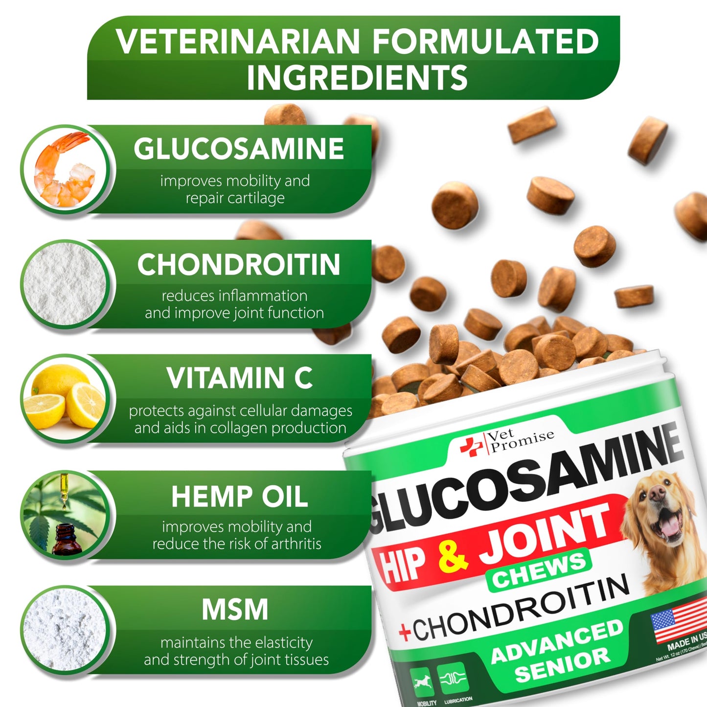 Advanced Glucosamine for Dogs - 170 Chews - Senior Hip and Joint Supplement for Dogs - Glucosamine Chondroitin - Dog Joint Health Pain Relief Pills - MSM - Mobility Support Supplement - Made in USA