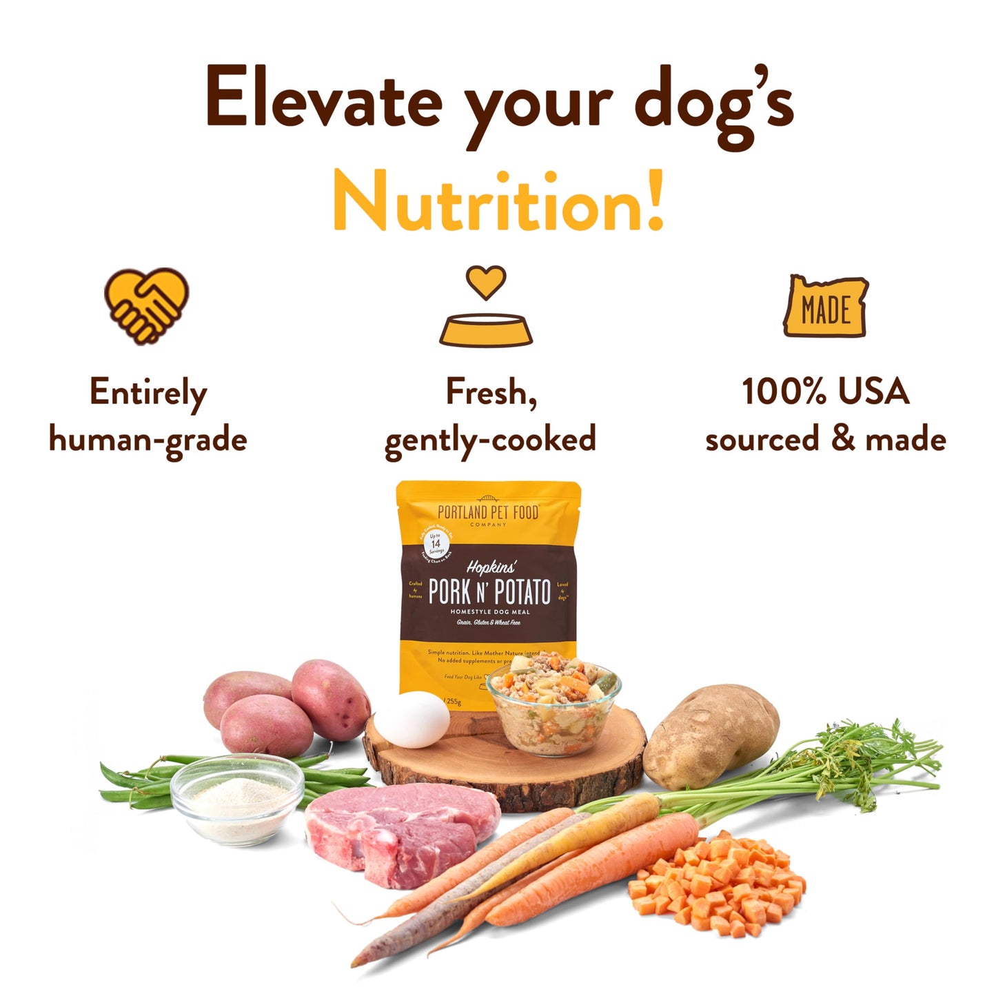 Portland Pet Food Company Hopkin's Pork N’ Potato Fresh Dog Food Pouches - Human-Grade, Grain-Free Wet Meal Topper Mixer & Meals - Small & Large Breed Puppy & Senior Dogs - Made in The USA - 5 Pack