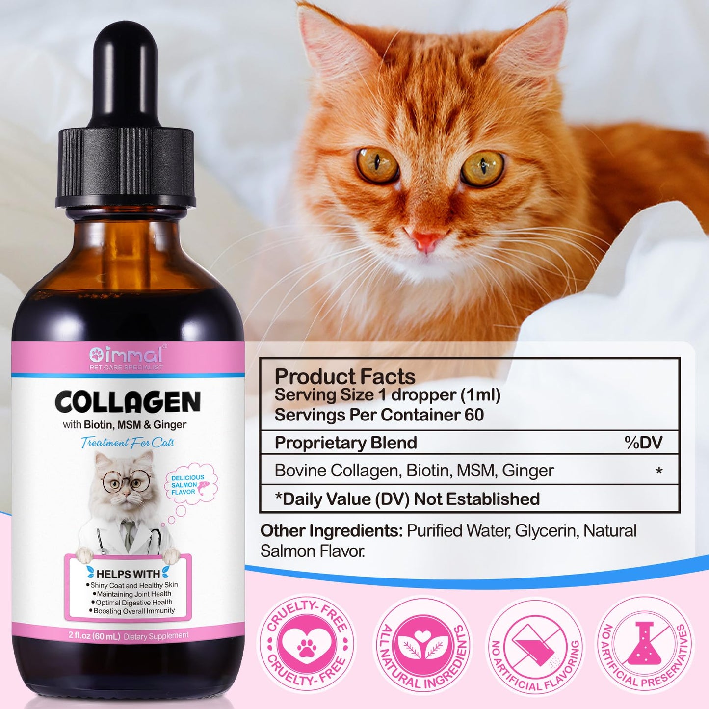 Collagen for Cats, Daily Liquid Collagen Drops for Cats with Allergies, Biotin, Vitamin C and Hyaluronic Acid, Improves Mobility Skin and Coat Health, Itch Relief for Cat, Salmon Flavor, 60ML