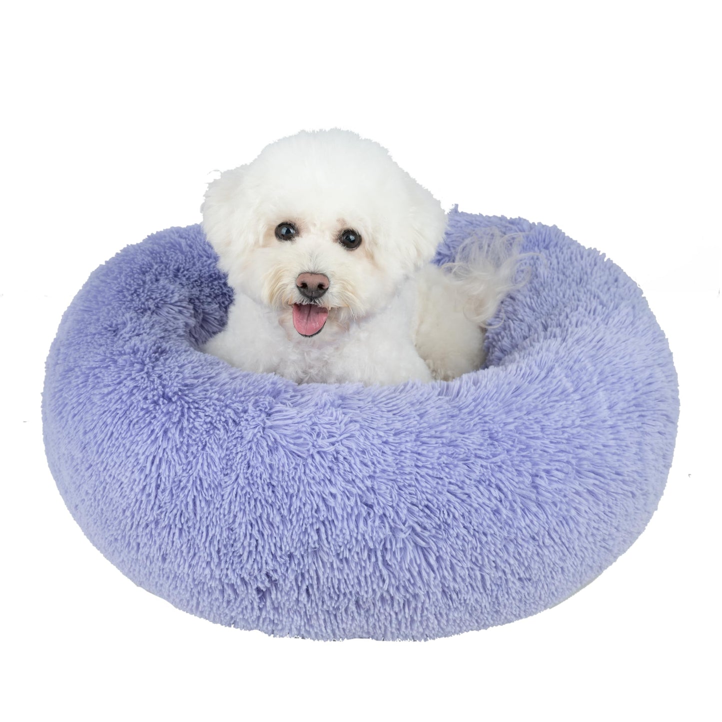 Best Pet Supplies Round Donut Dog Bed with Plush Faux Fur Fabric, Calming, Anti-Anxiety Cushion for Indoor Pets, Slip-Resistant Base, Soft Ergonomic Support - Lavender, 24x24x7''