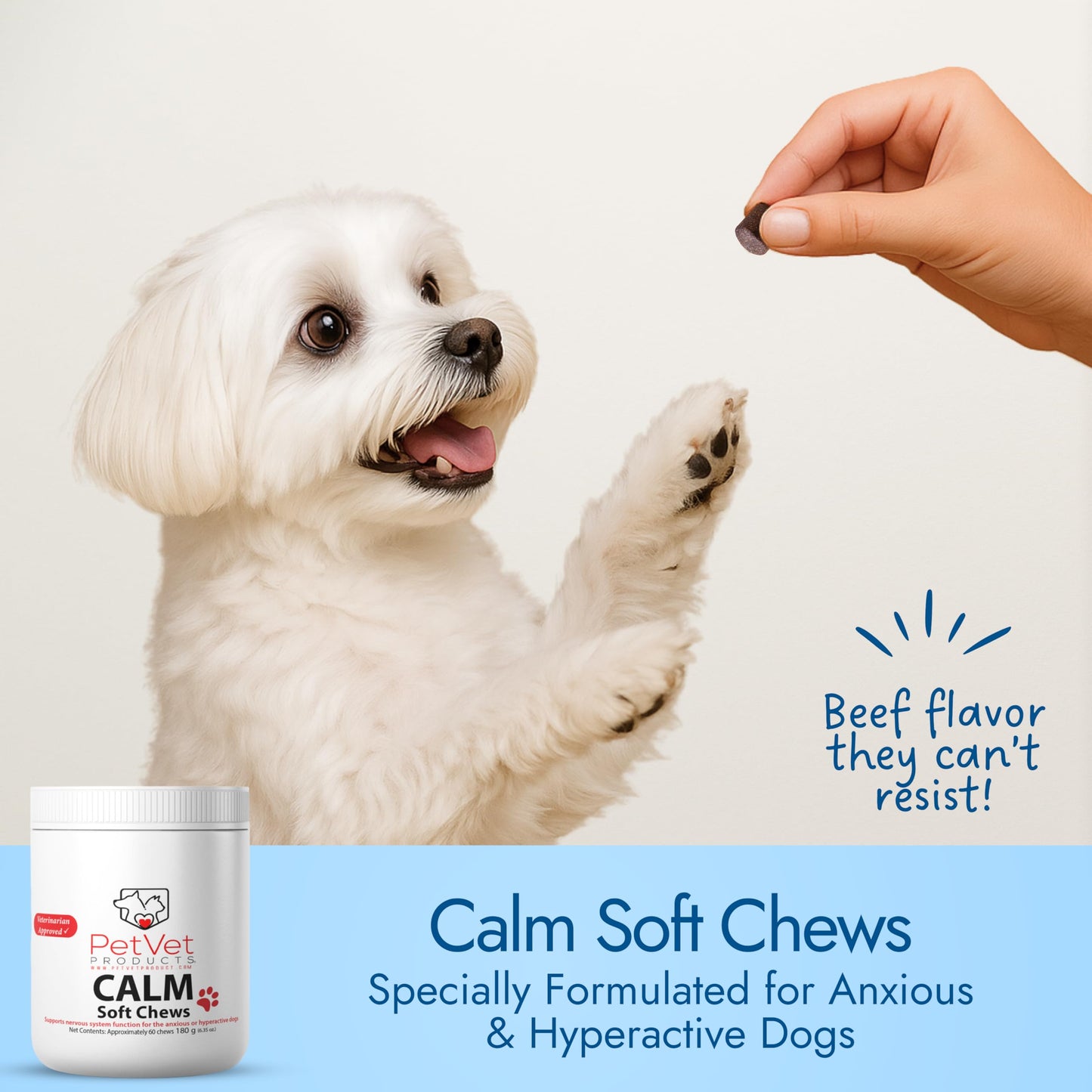 Pet Vet Calming Chews for Dogs – Dog Anxiety Relief (Beef Liver Flavor 60 Chews) – Stress Relief, Dog Supplements for Hyperactive & Anxious Dogs – Dog Anxiety Chews for Relaxation, Dog Care Products