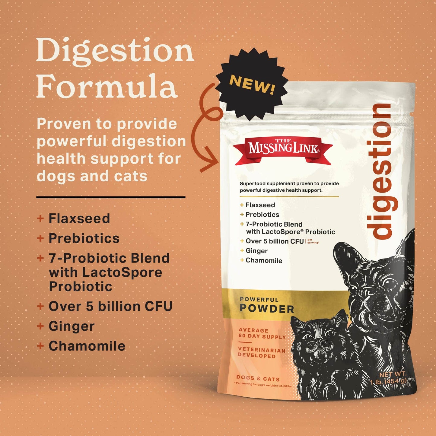 The Missing Link Digestion Superfood Supplement Powder for Dogs & Cats - Fiber, 7-Probiotic Blend + Chicory Root Prebiotic, Ginger, Chamomile - Supports Daily Digestive & Bowel Health - 1lb