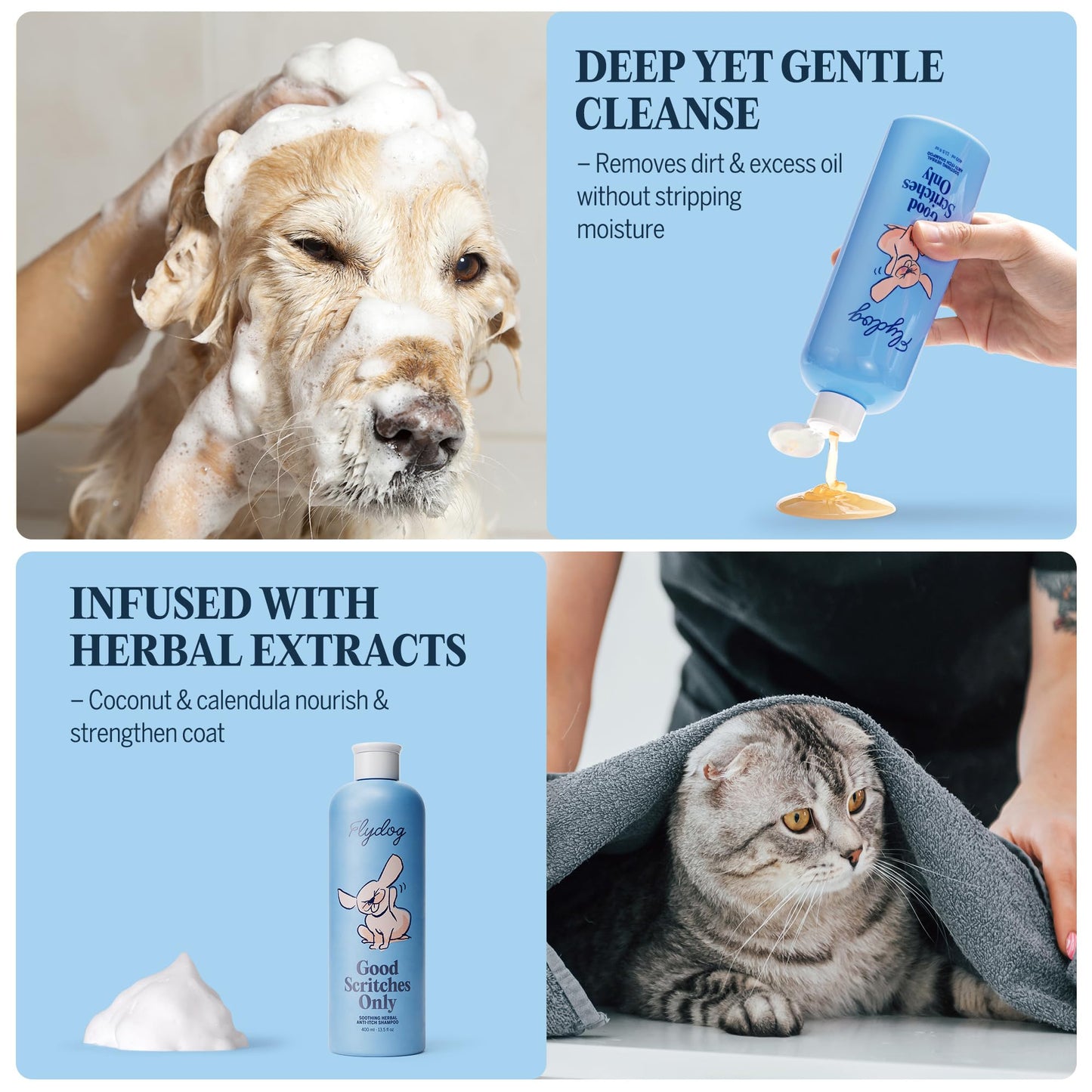 FLYDOG Itchy Skin Relief Shampoo for Dogs & Cats - Natural Herbal, Hypoallergenic with Soothing Brush, Moisturizes Dry Skin, Controls Flaking & Odors, Reduces Shedding