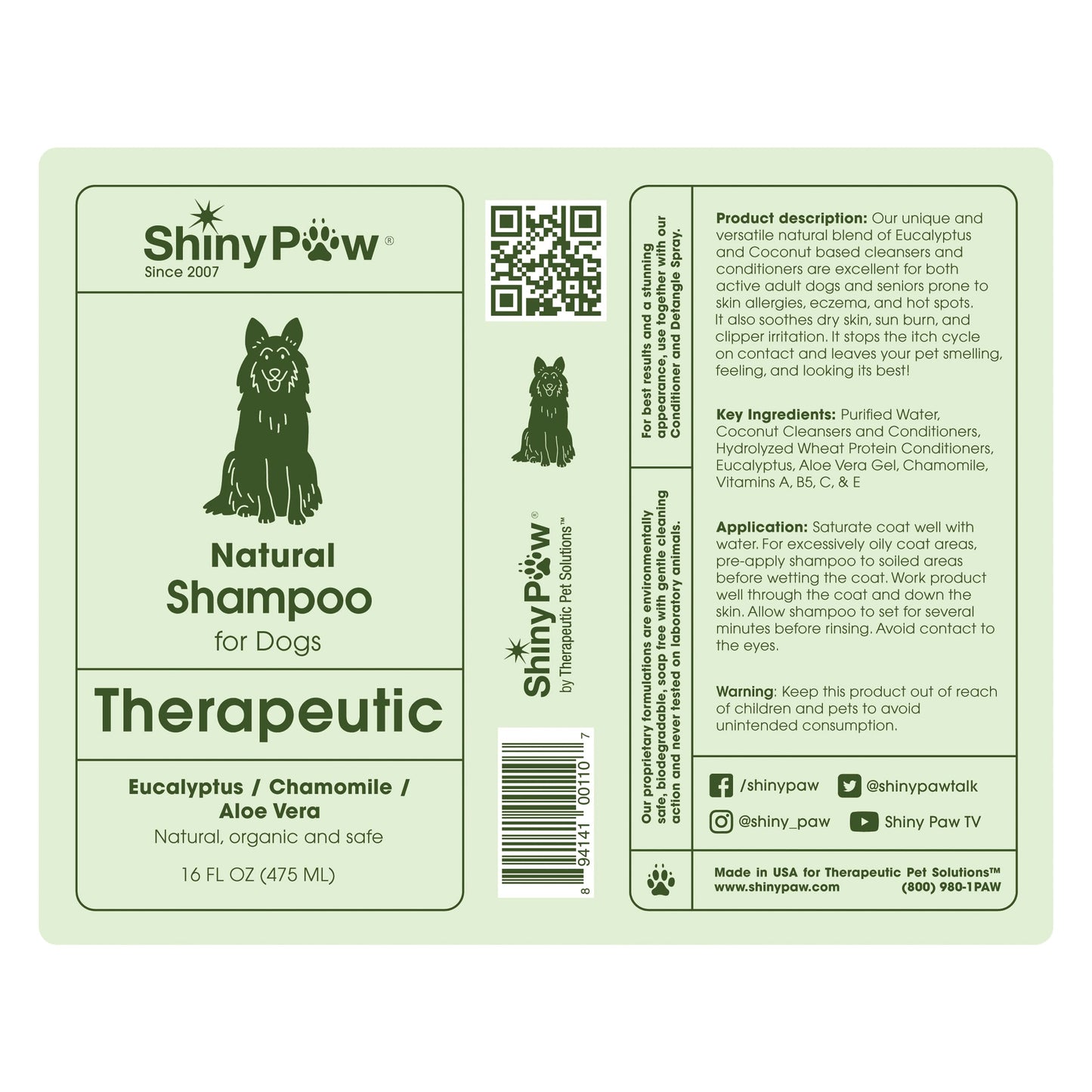 Shiny Paw Dog Shampoo Itchy Skin Relief 16 oz | Hypoallergenic Dog Wash | Eucalyptus, Chamomile & Aloe Vera | Dog Shampoo Sensitive Skin & Smelly Dogs | Made in USA