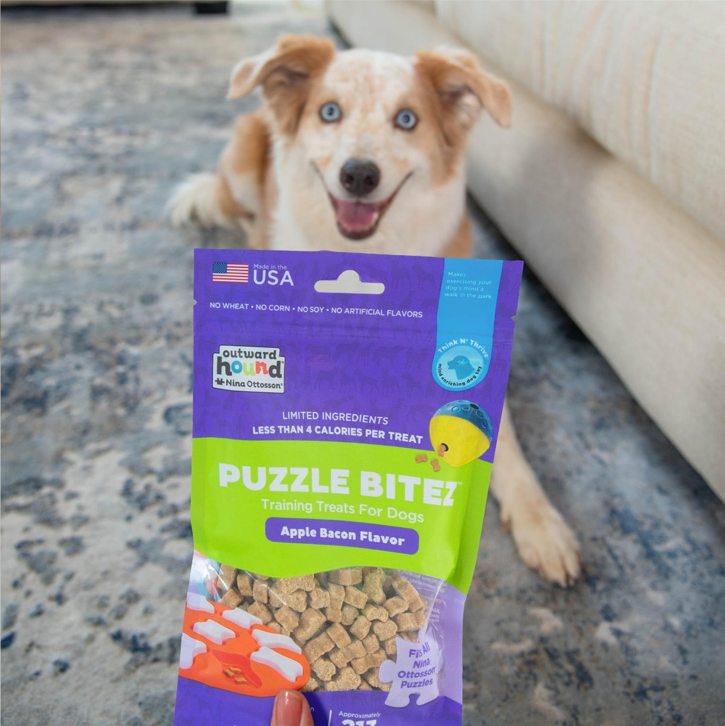 Outward Hound by Nina Ottosson Puzzle Bitez USA Made Dog Treats, Apple Bacon Flavor, Bite-Sized Training Reward and Interactive Puzzle Toy Treats, 7.5oz