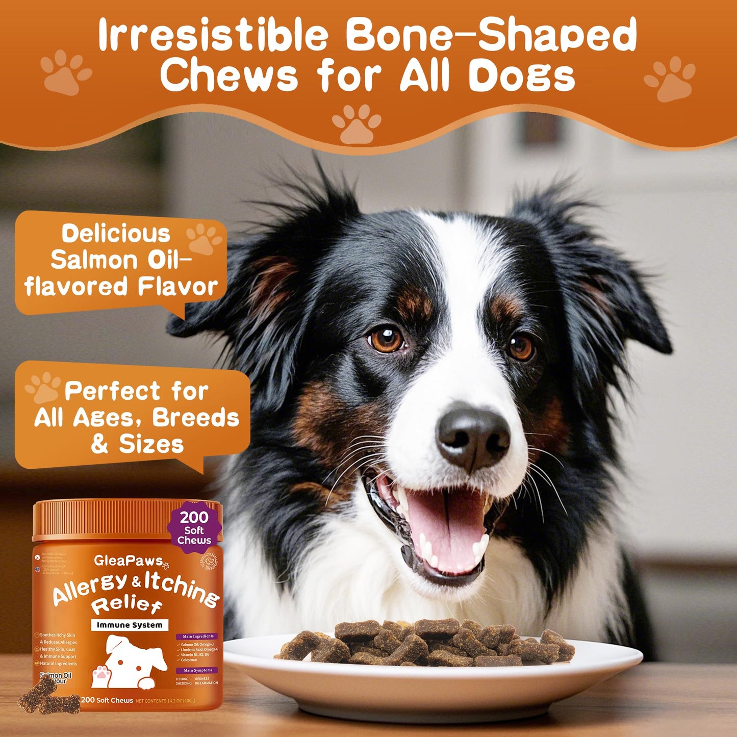 Dog Allergy & Itch Relief Supplement - Salmon Oil Omega-3, Omega-6, Vitamin B1/B2/B6, Colostrum Probiotics for Seasonal Allergy, Hot Spots, Paw Licking, 200 Chews, Store in Dry Place [Upgraded]