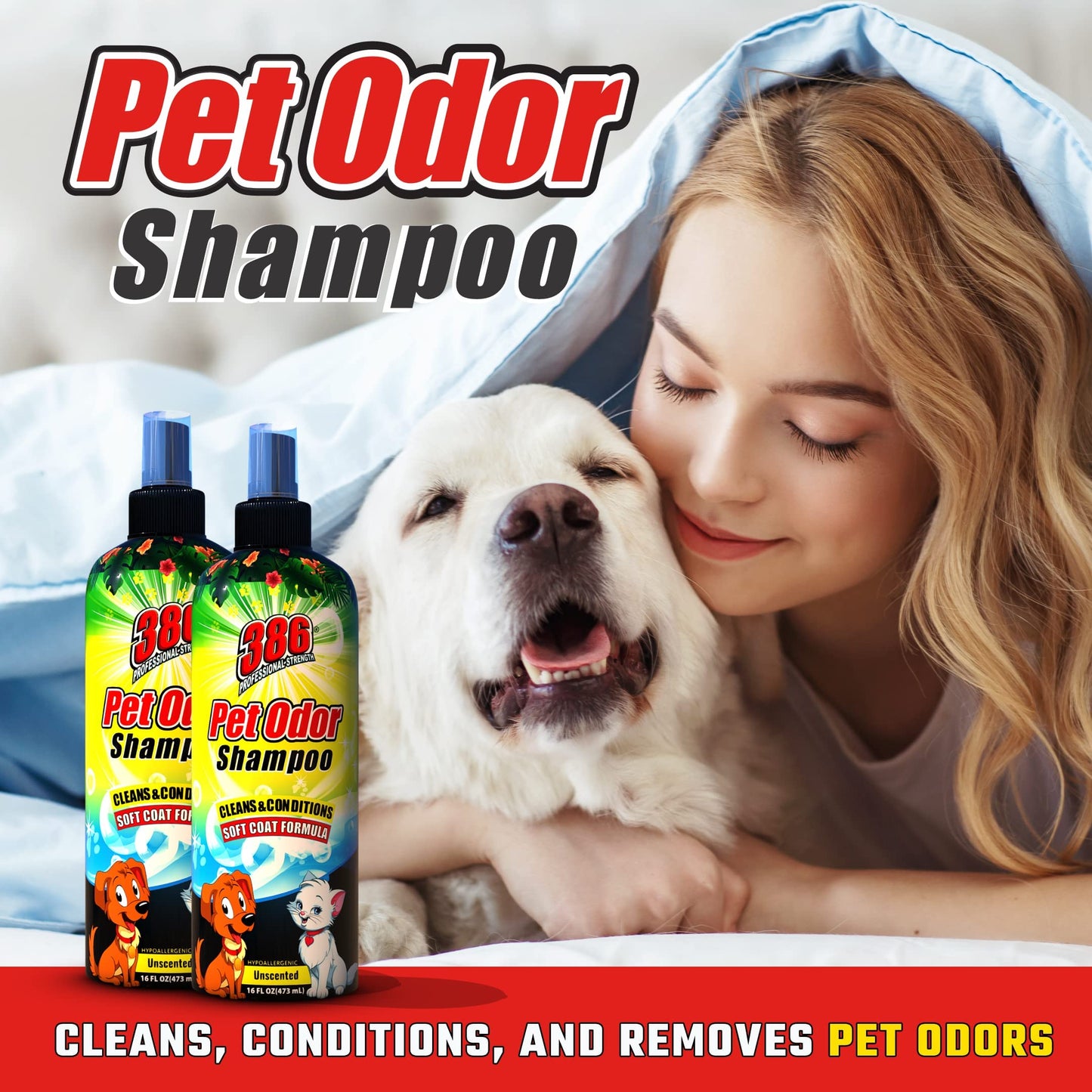 386 Professional Strength Dog Shampoo and Conditioner – 16 FL Oz Pet Odor Dog Shampoo for Smelly Dogs – Soft Coat Formula with Safe Ingredients – Unscented Hypoallergenic Dog Shampoo